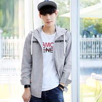 韩路 韩版男装 2016秋季新款男士长袖衬衫 纯色连帽薄款夹克男