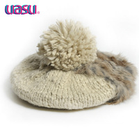 UASU冬季新品韩版潮流女士兔毛粗毛线贝雷帽混色球球针织画家帽子