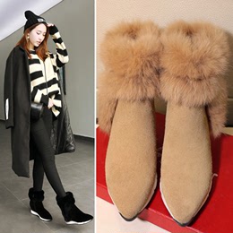 2016新款冬季牛皮短靴女绒里中跟坡跟短筒靴厚底尖头雪地靴靴子女