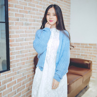 2015秋装新款女装韩版纯色休闲单排扣开衫粗线短款毛衣百搭时尚