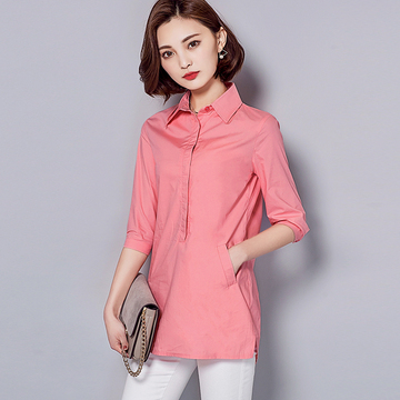 2016新款女装中长款纯棉衬衫 大码修身显瘦气质中袖衬衣