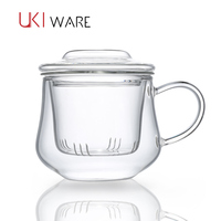 UKI优可耐热玻璃花茶三件水杯子 带盖泡茶过滤茶隔办公玲珑牛奶杯