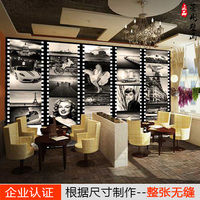 复古欧美黑白壁画大型无缝墙纸壁纸背景墙休闲餐厅咖啡厅墙布赫本