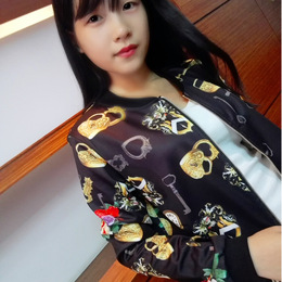 2015韩版模特实拍秋装新款钥匙印花棒球服修身长袖拉链外套女