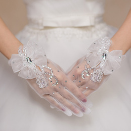 韩式手套新娘结婚蕾丝短款五指婚纱礼服配饰有指花边手套蝴蝶镶钻