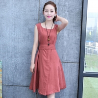 2015夏季新款女装韩版无袖圆领系带不规则下摆棉麻连衣裙子