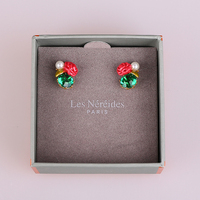 代购Les Nereides珐琅彩釉红玫瑰花绿水晶珍珠耳钉 925银针女饰品