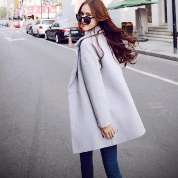 2015秋冬新款韩版百搭毛呢外套女中长款长袖加厚显瘦呢子大衣