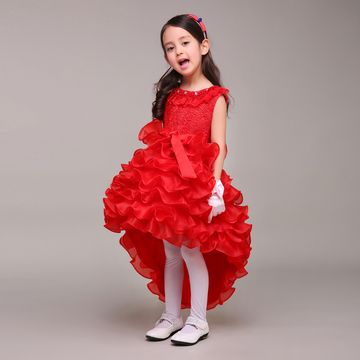 新款儿童花童婚纱礼服红色拖尾女童生日钢琴演出舞台公主蓬蓬裙