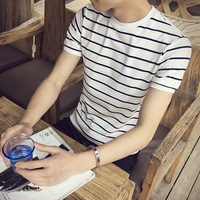 潮男时尚个性男短袖T恤韩版修身圆领条纹体恤衫青年夏季休闲小衫