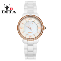 迪塔新品5折情侣手表女士学生白色陶瓷 女表时尚超薄防水石英手表