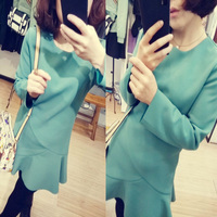 2015新款韩版圆领果绿色优雅名媛风荷叶裙边显瘦长袖连衣裙包邮