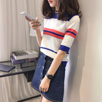 2016秋装新款女装五分袖毛衣韩版条纹套头针织衫修身显瘦打底T恤