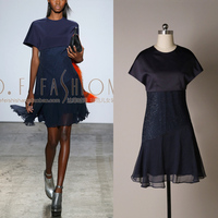 达菲时尚2015夏装新款 欧美名媛优雅不对称拼接气质两件套连衣裙