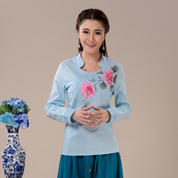中国风复古文艺棉麻长袖上衣 民族风特色手绘印花气质修身 女衬衫