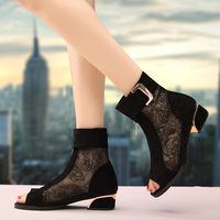 2015韩版新款气质蕾丝网纱粗跟鱼嘴凉靴平底女鞋防水台低跟女凉鞋