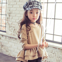2015秋季新款亲子装 韩版中大童女童纯棉长袖荷叶边T恤母女装上衣