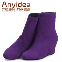 Anyidea/匠逸冬季新款圆头马丁靴潮女短靴休闲坡跟高跟真皮女靴子