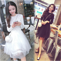 韩国代购2015秋装新款明星同款女装长袖针织拼接网纱裙蕾丝连衣裙