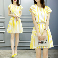 2016夏季新款韩版连衣裙甜美套装女两件套黄色条纹显瘦裙子小清新