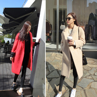2015冬装新款韩版时尚直筒廓形加厚羊毛呢子中长款外套大衣开衫