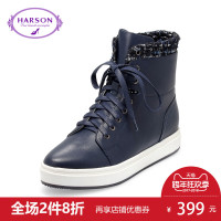 哈森女鞋秋冬季新款休闲鞋圆头系带平跟牛皮女短靴HA61422