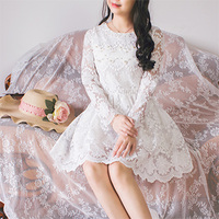 重工！秋冬装韩版清新气质钉珠修身显高腰白色甜美蕾丝长袖连衣裙