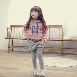童装2014女童套装春秋新款韩版运动休闲长袖卫衣条纹裙裤两件套