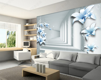装饰画3d立体墙纸沙发客厅电视背景墙壁纸无纺布蓝色花大型壁画