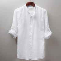 2015新款男士立领亚麻衬衫男柔软舒适白色棉麻料衬衣修身圆领寸衫