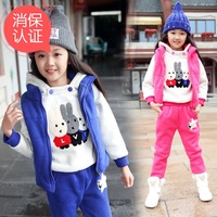正品童装女 中大童2015冬款韩版儿童套装卫衣兔子加绒加厚三件套