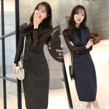 2016春秋装新款中长款时尚两件套韩版修身毛呢连衣裙长袖大码女装