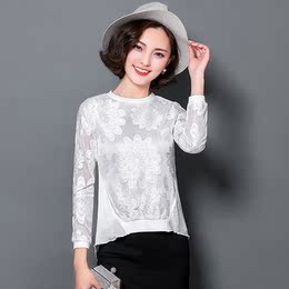 雪纺衫女2016春装新款韩版宽松蕾丝衫打底衫上衣小衫 显瘦长袖T恤