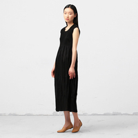 原创设计女装 黑色复古文艺范修身皱褶气质连衣裙中长裙2015夏
