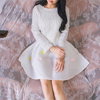 秋冬新品韩版清新气质立体花朵高腰修身蕾丝长袖连衣裙两件套套装