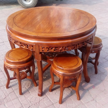 中式餐桌圆原木质小户型厨房吃饭桌大酒店茶楼接待桌椅凳组合特价