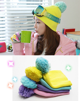 现货韩国正品糖果色可爱针织毛线帽子保暖可爱球滑雪帽两件包邮