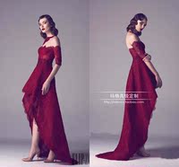 新款酒红色双袖前短后长法国蕾丝舞会晚会主持人年会酒会婚礼礼服