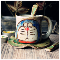 带勺子咖啡杯纯手工咖啡杯套装创意情侣咖啡杯手绘咖啡杯叮当猫