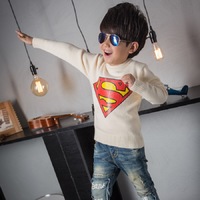 2015韩版学院秋季新款男童毛衣超人图案中大童圆领套头男童毛衣