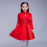 秋冬新款儿童红色旗袍礼服古典红色长袖女童生日公主裙主持演出服