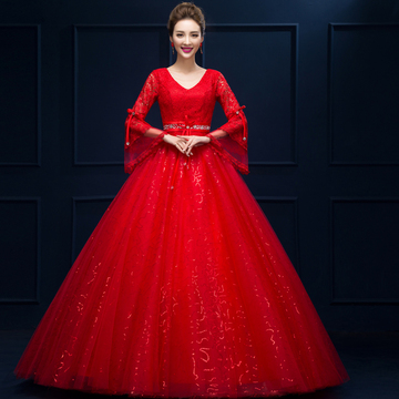婚纱礼服205新款 韩版公主胖MM带袖显瘦甜美齐地加大码大红色婚纱