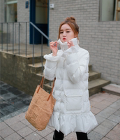 2015冬季新款韩版女装宽松显瘦修身纯色大衣中长款荷叶边棉服棉衣