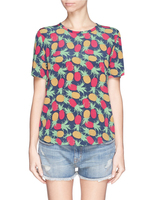 水果菠萝印花 真丝短袖女上衣T恤衫