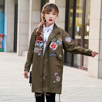 秋季女装2016新款韩版气质时尚风衣女长袖字母贴布中长款外套大衣