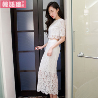 韩语琳2015夏季修身性感蕾丝两件套连衣裙韩版五分袖白色套装 女