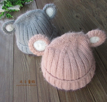 男宝宝女婴儿童米奇耳朵套头帽1-3岁毛线秋冬季加厚护耳帽子l86