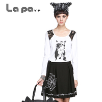 Lapayp纳帕佳女装 春秋季猫咪蕾丝拼接套头圆领长袖T恤
