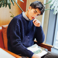 冬季新款韩版男士宽松纯色针织衫 复古圆领套头加厚休闲粗线毛衣