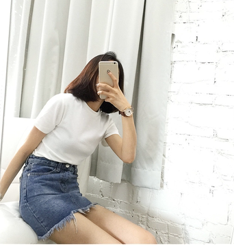 2016韩国女装短袖T恤 春季新款棉质简约加厚弹力修身打底上衣